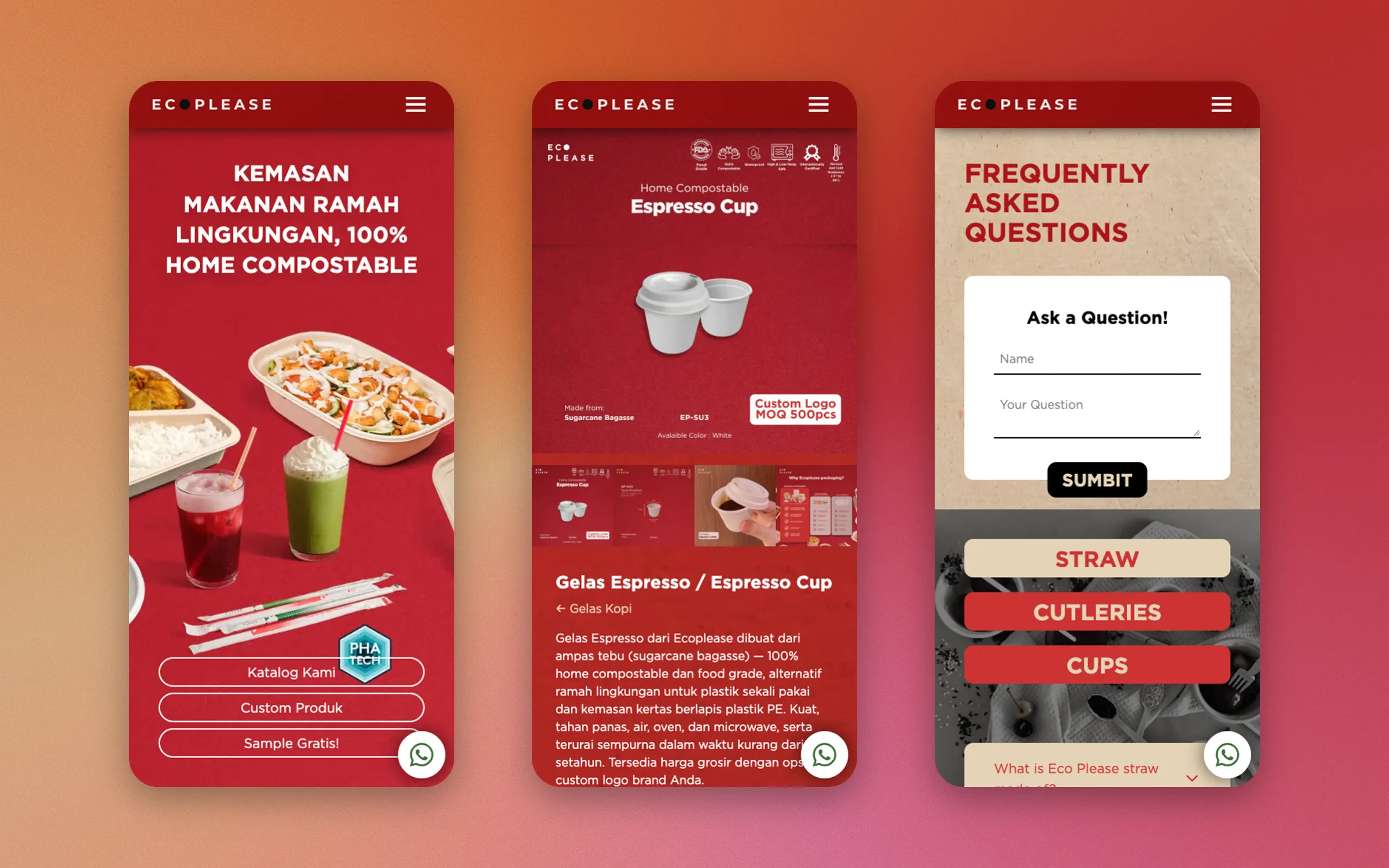 On mobile: home, product page and FAQ