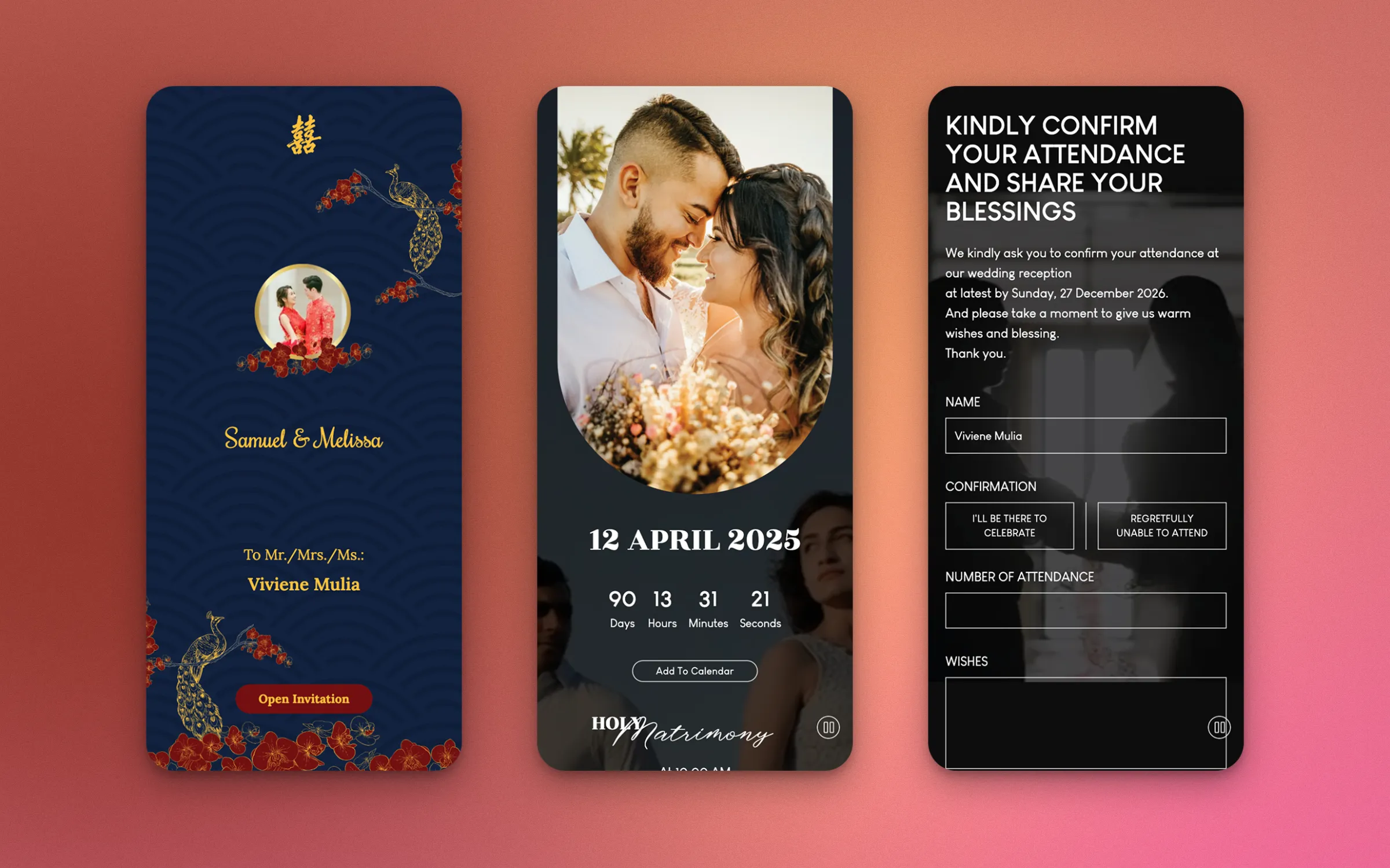 On mobile: cover, countdown and the per-guest RSVP form