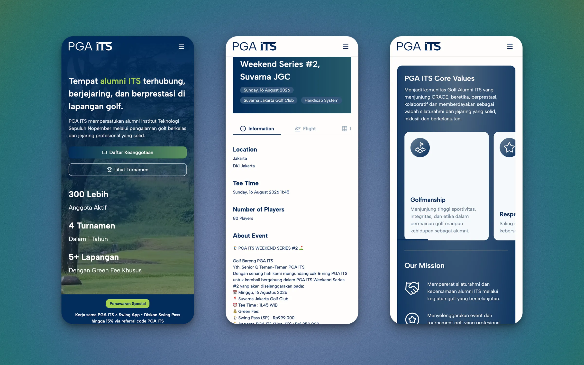 On mobile: landing, tournament details and the association's values