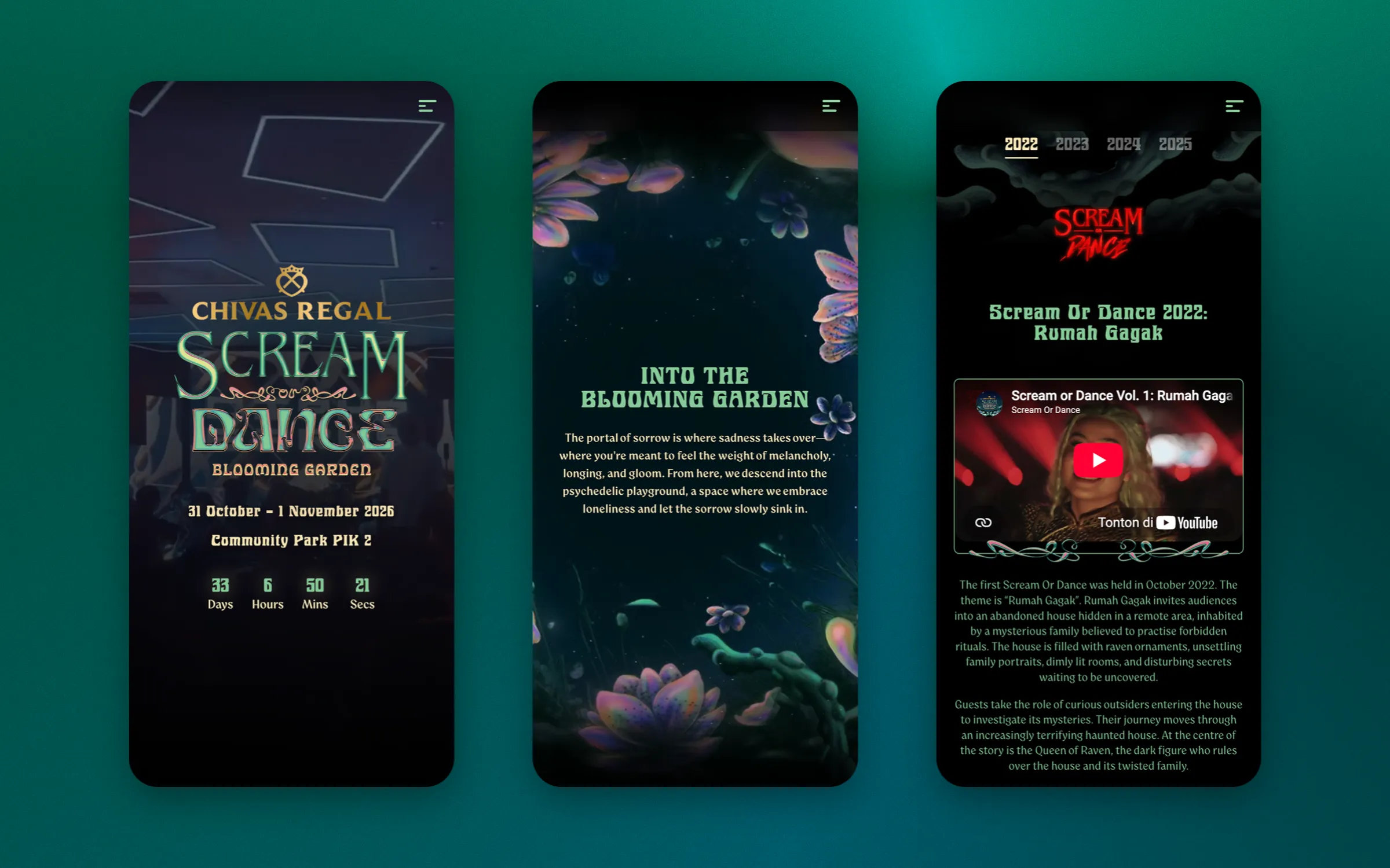 Mobile: portrait hero video, the Blooming Garden intro and the Journey archive